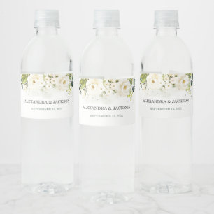 Elegant White Rose & Gold Wedding Water Bottle Label