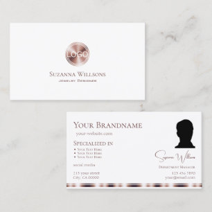 Elegant White Rose Gold with Logo and Photo Modern Business Card
