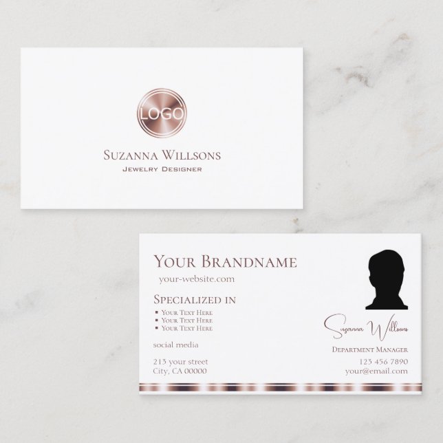 Elegant White Rose Gold with Logo and Photo Modern Business Card (Front/Back)