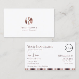 Elegant White Rose Gold with Monogram and Logo Business Card