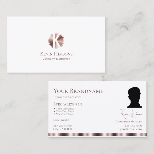 Elegant White Rose Gold with Monogram and Photo Business Card (Front/Back)