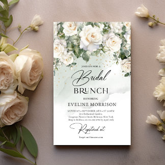 Elegant White Rose Green Bridal Brunch Invitation