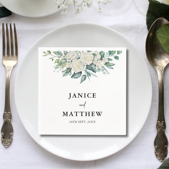Elegant White Rose Greenery Floral Wedding Napkin (Creator Uploaded)