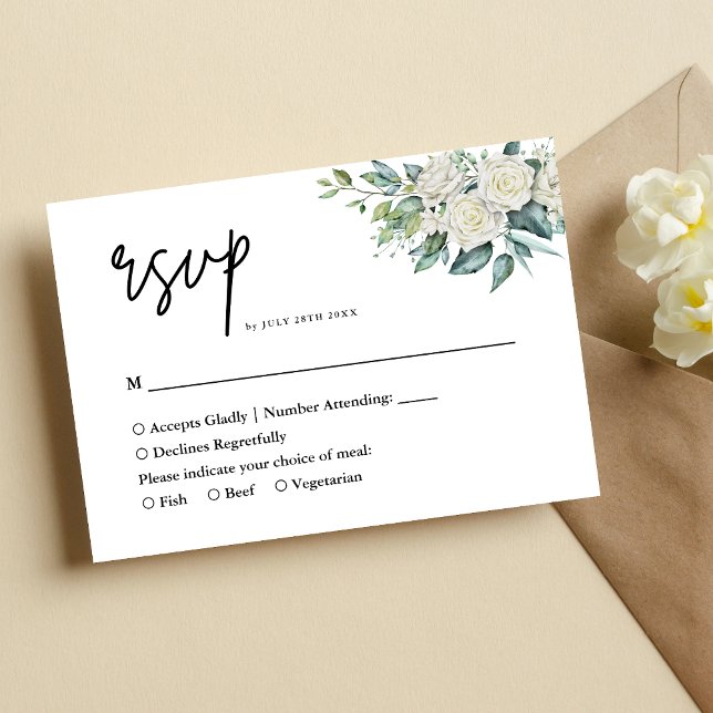 Elegant White Rose Greenery Floral Wedding RSVP Card (Creator Uploaded)