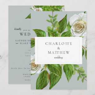 Elegant White Rose Greenery Website Wedding Invitation