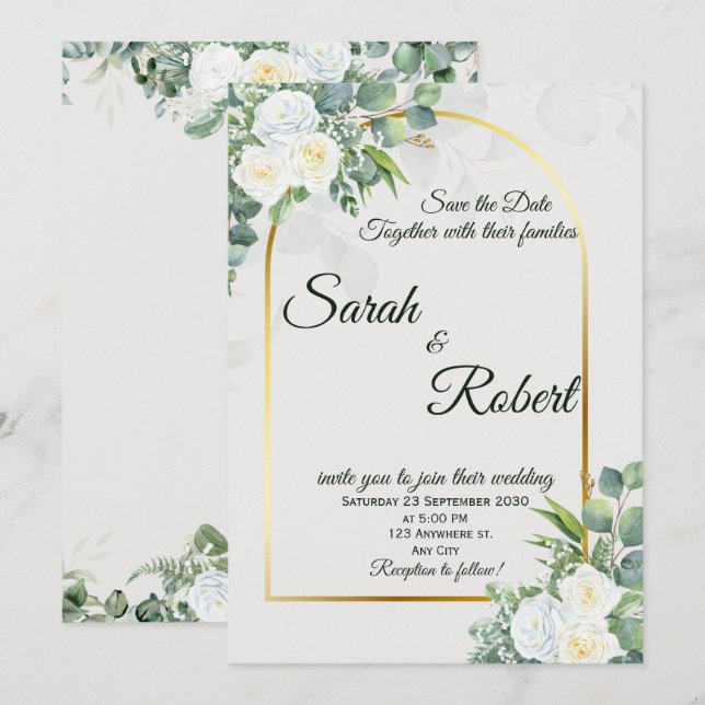 Elegant White Rose Greenery Wedding Invitation (Front/Back)