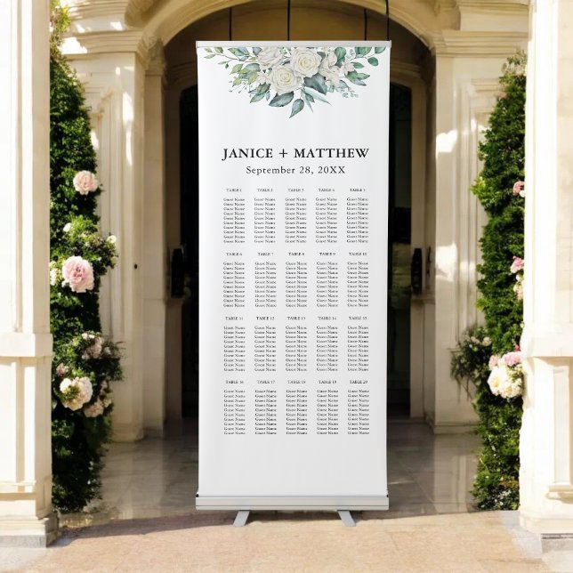 Elegant White Rose Greenery Wedding Seating Chart Retractable Banner (White rose greenery seating chart banner guides guests with elegance and organized flow.)