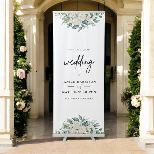 Elegant White Rose Greenery Wedding Welcome Retractable Banner