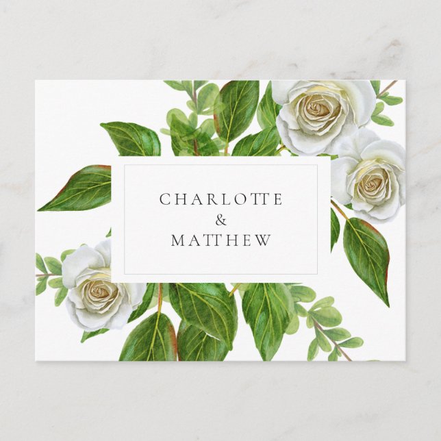 Elegant White Rose Greenery White Wedding Postcard (Front)