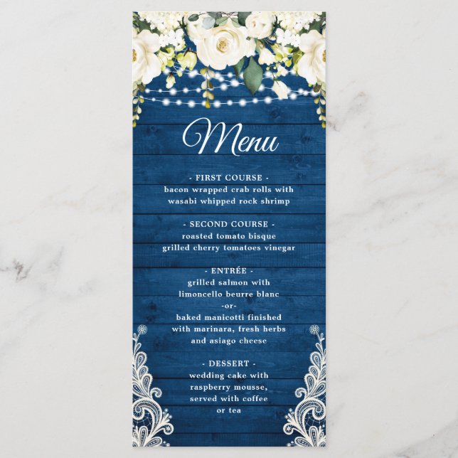 Elegant White Rose Lace Rustic Wedding Dinner Menu (Front)