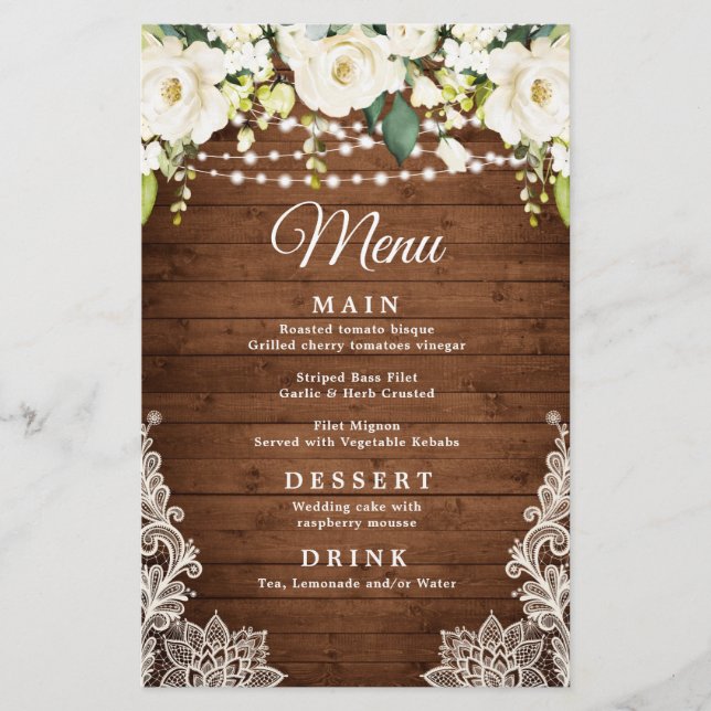 Elegant White Rose Lace Rustic Wedding Dinner Menu (Front)