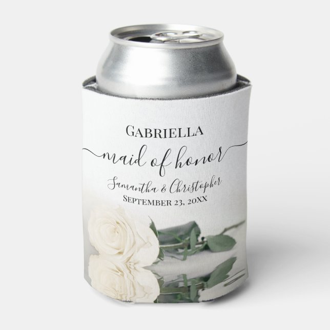 Elegant White Rose Maid of Honour Wedding Can Cooler (Can Front)