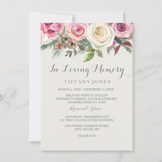 Elegant White Rose Memorial Announcement Service (Front)
