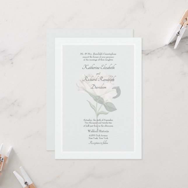 Elegant White Rose One Venue Wedding Invitation (Front/Back In Situ)