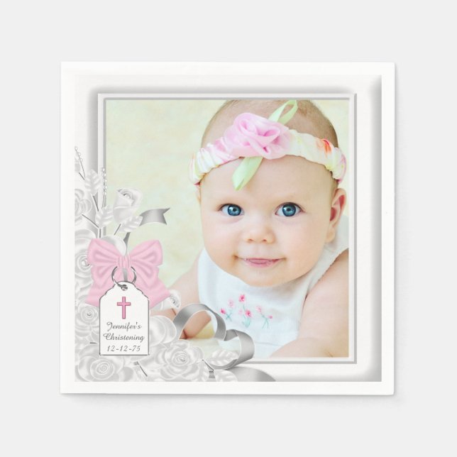 Elegant White Rose Photo Christening Napkin (Front)