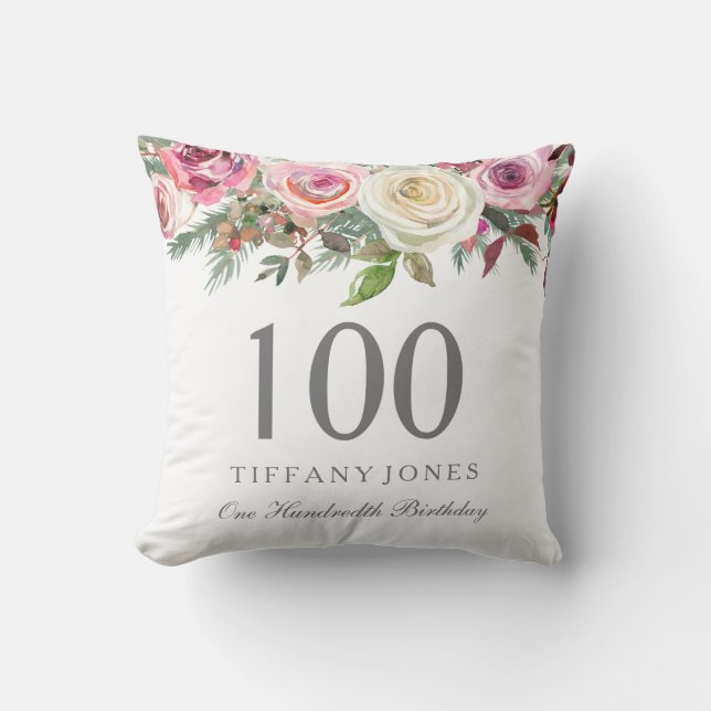 Elegant White Rose Pink Floral 100th Birthday Cushion (Front)