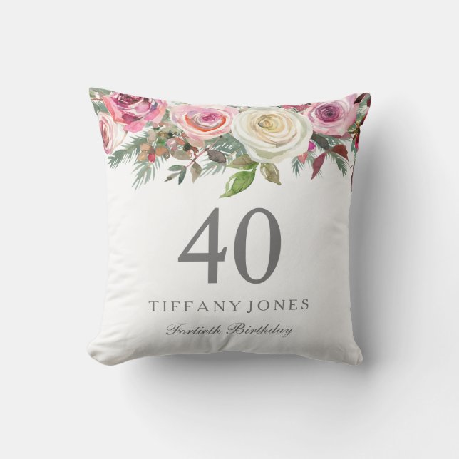 Elegant White Rose Pink Floral 40th Birthday Cushion (Front)