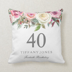 Elegant White Rose Pink Floral 40th Birthday Cushion