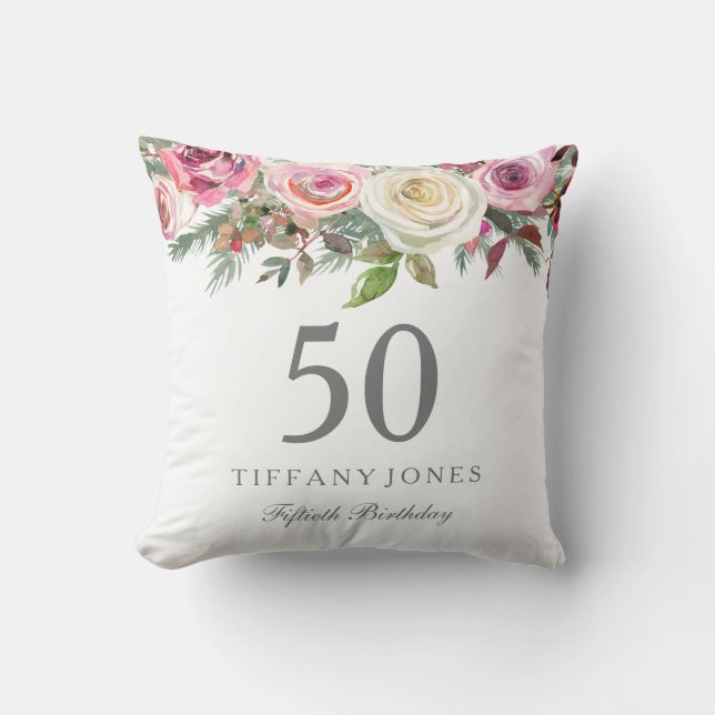 Elegant White Rose Pink Floral 50th Birthday Cushion (Front)