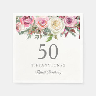 Elegant White Rose Pink Floral 50th Birthday Napkin