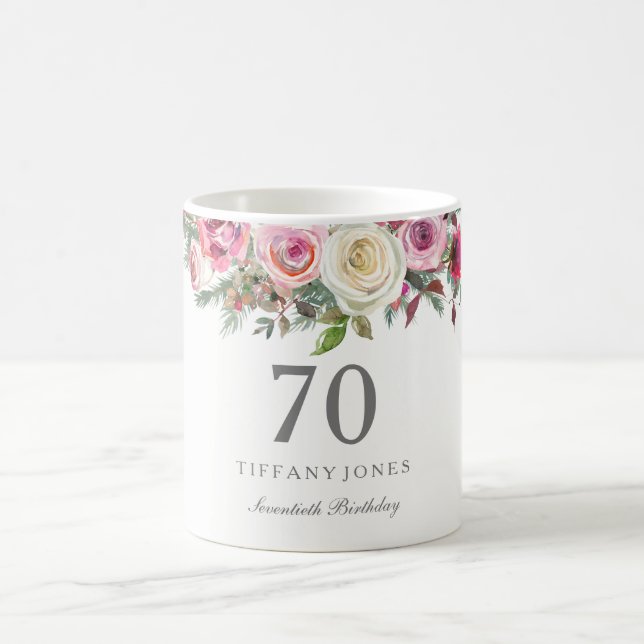Elegant White Rose Pink Floral 70th Birthday Coffee Mug (Center)