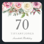 Elegant White Rose Pink Floral 70th Birthday Square Sticker<br><div class="desc">Elegant White Rose Pink Floral 70th Birthday favour seal Sticker

See Niche and Nest store for matching collection</div>
