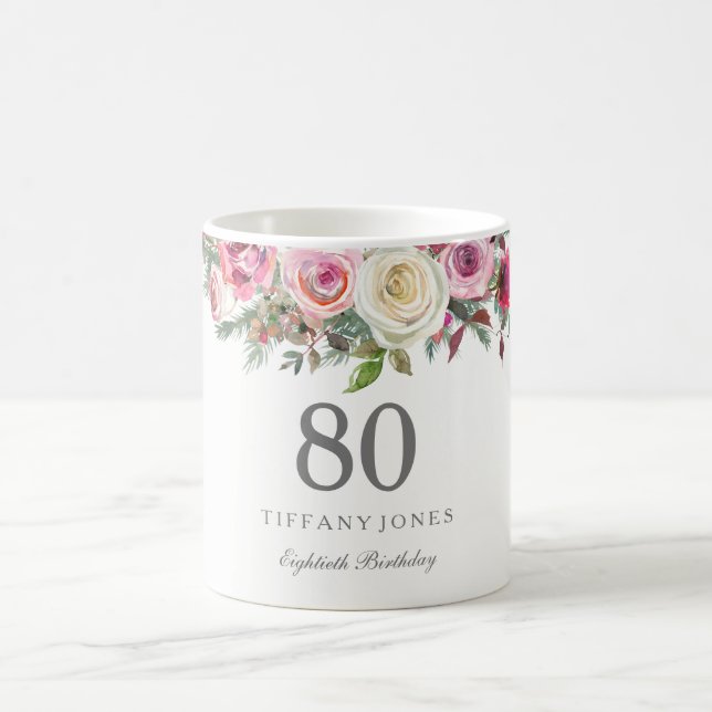 Elegant White Rose Pink Floral 80th Birthday Coffee Mug (Center)