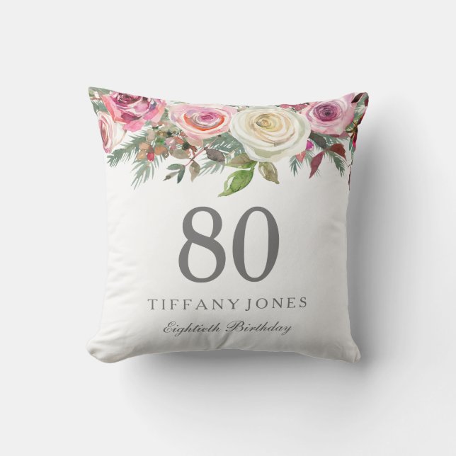 Elegant White Rose Pink Floral 80th Birthday Cushion (Front)