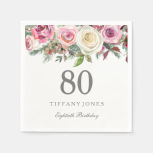Elegant White Rose Pink Floral 80th Birthday Napkin