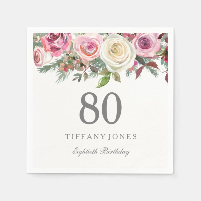 Elegant White Rose Pink Floral 80th Birthday Napkin (Front)