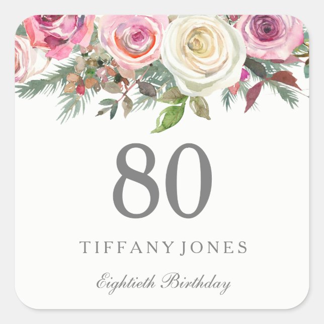 Elegant White Rose Pink Floral 80th Birthday Square Sticker (Front)