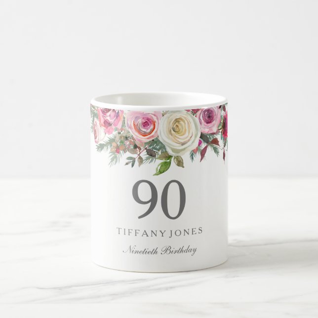 Elegant White Rose Pink Floral 90th Birthday Coffee Mug (Center)