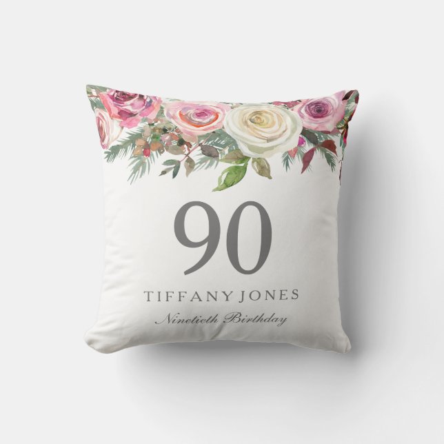 Elegant White Rose Pink Floral 90th Birthday Cushion (Front)