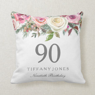 Elegant White Rose Pink Floral 90th Birthday Cushion