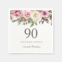 Elegant White Rose Pink Floral 90th Birthday