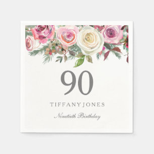 Elegant White Rose Pink Floral 90th Birthday Napkin