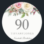 Elegant White Rose Pink Floral 90th Birthday Party Classic Round Sticker<br><div class="desc">Elegant White Rose Pink Floral 90th Birthday Party favour seal Sticker

See Niche and Nest store for matching collection</div>