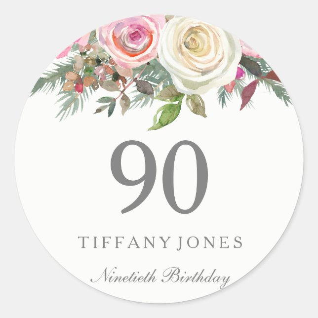 Elegant White Rose Pink Floral 90th Birthday Party Classic Round Sticker (Front)