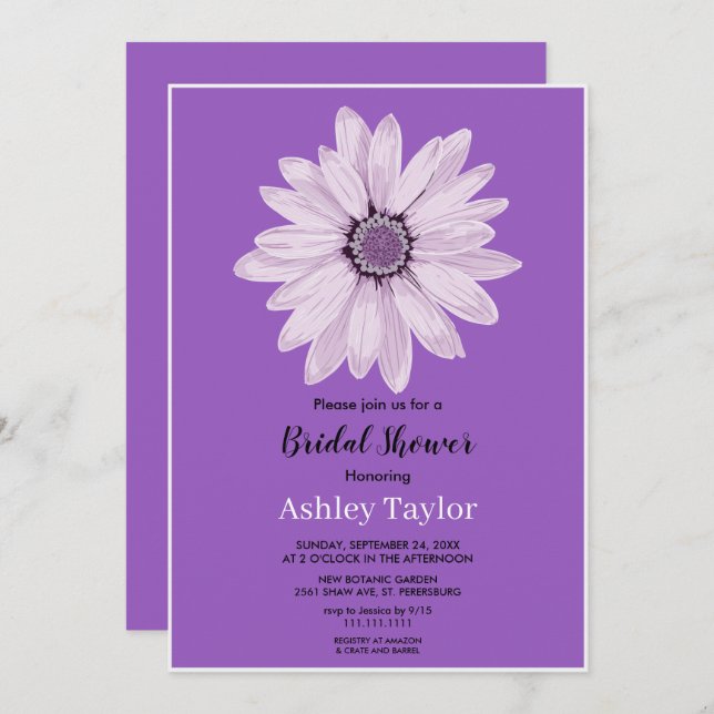 Elegant white rose purple floral Bridal Shower Invitation (Front/Back)