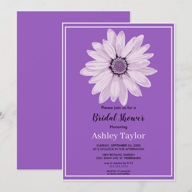 Elegant White Rose Purple Floral Bridal Shower Invitation (Front/Back)