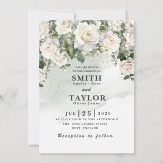 Elegant White Rose  Sage Green Wedding Invitation 