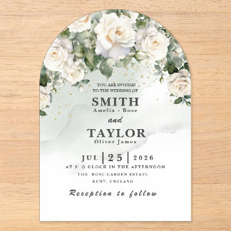 Elegant White Rose  Sage Green Wedding Invitation 
