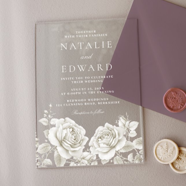 Elegant White Rose Vintage Wedding Acrylic Invitations (Creator Uploaded)