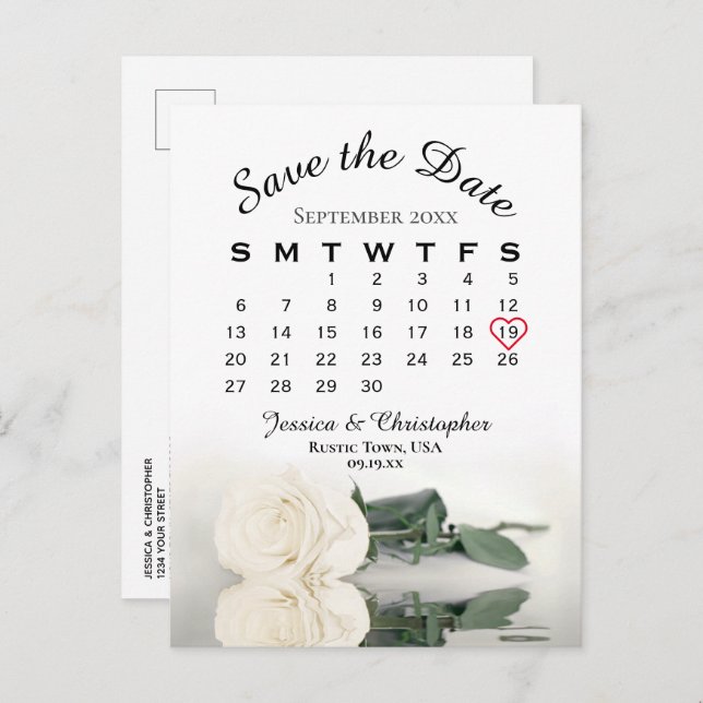 Elegant White Rose Wedding Calendar Save the Date Announcement Postcard (Front/Back)