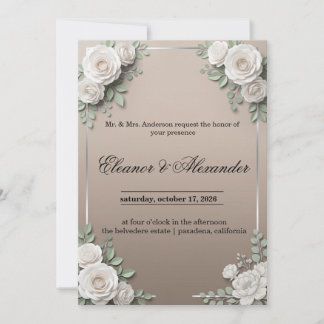 Elegant White Rose Wedding Invitation with Silver