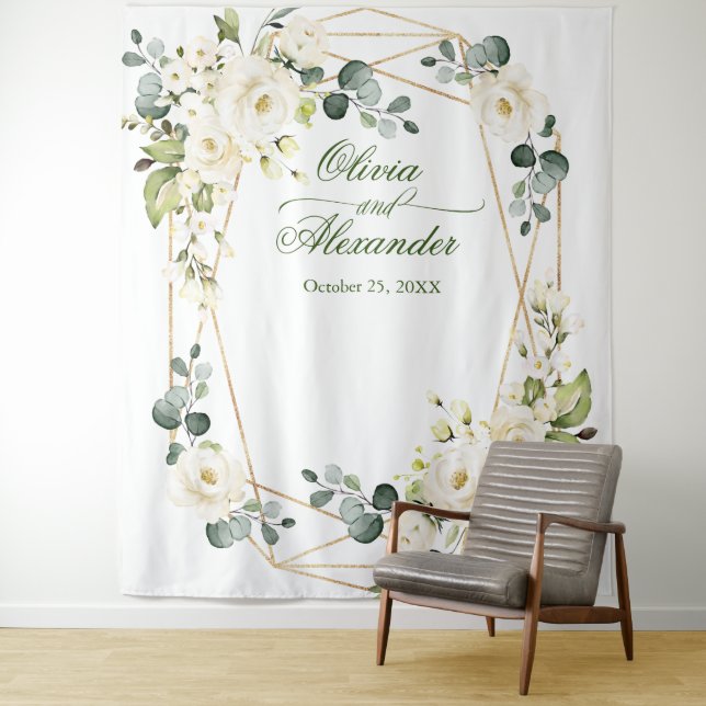 Elegant White Rose Wedding Photo Booth Backdrop Tapestry (In Situ)