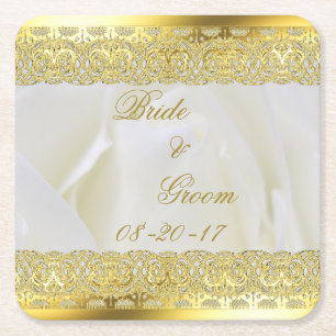 Elegant White Rose with Gold Lace Square Paper Coaster