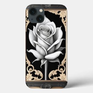 Elegant White Rose with Ornate Gold Frame iPhone 13 Case
