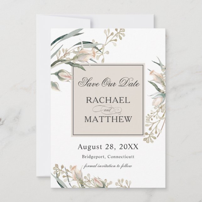 Elegant White Rosebuds Save Our Date Save The Date (Front)
