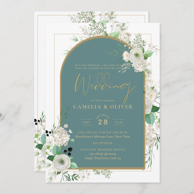Elegant White Roses All-in-1 Wedding Invite RSVP (Front/Back)